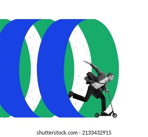 Creative Design. Funny Art With Businessman In A Hurry, Riding Scooter, Being Late At Work Isolated Over White Background. Concept Of Business, Career Development, Promotion, Ambitions