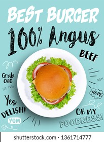 Creative Design Of Homemade Fresh Burger With Beef Patty, Cheese, Lettuce, Onion, Tomato On The White Plate, Top View. Food Concept For Magazine Cover, Ads, Promo, Banner, Poster, Flyer. - Image