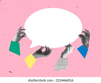 Creative design with human hands holding speech bubble symbolizing business cooperation and communication. Dialog importance. Concept of business, career development, teamwork, chat, working process