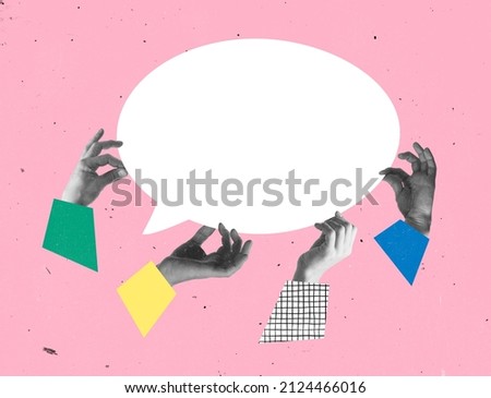 Creative design with human hands holding speech bubble symbolizing business cooperation and communication. Dialog importance. Concept of business, career development, teamwork, chat, working process