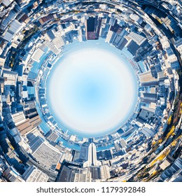 Creative Design Idea Concept - 360 Degree Panorama Circle Panoramic Modern City Skyline Aerial View Under Blue Sky In Tokyo, Japan