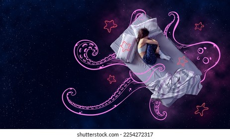 Creative design and line art  Hidden fears  Young woman sleeping   having dreams about giant octopus over starry background  Concept fantasy  artwork  creativity  imagination  mental health 