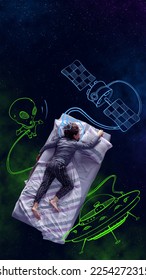 Creative design and line art  Man lying bed  sleeping   having dream about aliens  UFO   spacecrafts over starry night background  Fantasy  artwork  creativity  imagination  relaxation 