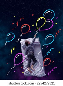 Creative design and line art  Man sleeping   having dream  holding air balloons over starry night background  Concept fantasy  artwork  creativity  imagination  relaxation  mental health 