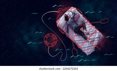 Creative design and line art  Man sleeping   having dream about sea travelling  sailing boat over starry night background  Concept fantasy  artwork  imagination  relaxation  mental health 