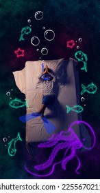 Creative design and line art over space background  Little boy sleeping   having dream about diving  swimming in ocean around fishes  Fantasy  childhood  creativity  imagination  relaxation concept