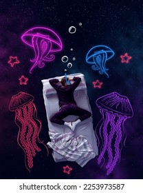 Creative design and line art  Young girl sleeping   having dream about marine life  jellyfishes over starry night background  Concept fantasy  artwork  creativity  imagination  relaxation