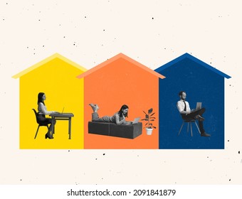 Creative Design, Modern Collage. Group Of People, Male And Female Working, Studying Remotely At Home. Concept Of Freelance, Working Space, Self-isolation, Network Support. Copy Space For Ad