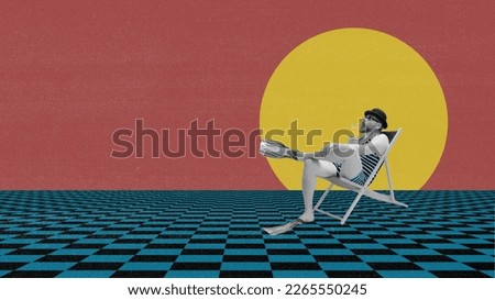 Creative design in retro style. Contemporary art collage. Man in striped swimsuit sitting and drinking cocktail. Summer vacation, relaxation. Surrealism, creativity, inspiration, imagination concept