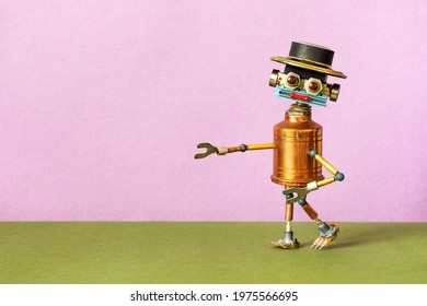 Creative design steampunk toy robot with a funny hat. Copper robotic mechanical character on pink green background copy space