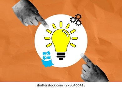 Creative design thinking process and intelligence. Retro collage hands pointing at glowing bulb, cogwheels, and jigsaw brain inside white circle. Metaphor for synergy and finding solution.