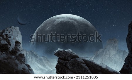 Creative design for wallpaper, background, poster. Giant moon over starry sky at night. Mountains, rock landscape. Dark artwork. Futurism, creativity, beauty of nature and space