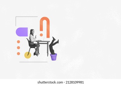 Creative design. Woman, employee having online video call isolated over white background. Male legs sticking out flower pot. Unusual artwork. Concept of business, teleworking, creativity, ad - Shutterstock ID 2128109981