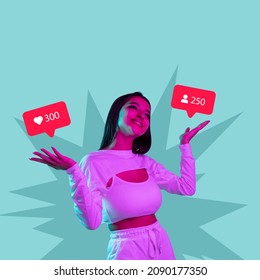 Creative design of young beautiful smiing girl having many social media popularity isolated over blue background. Concept of social media, influence, popularity, modern lifestyle and ad - Shutterstock ID 2090177350