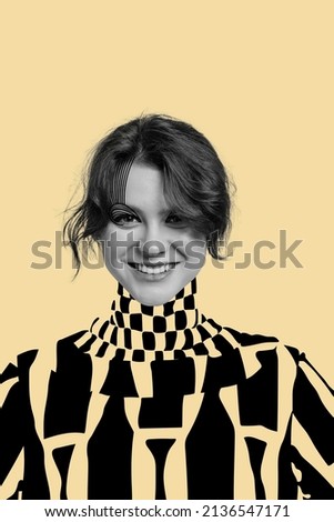 Creative design. Young beautiful smiling woman with black drawing elemets isolated over peach background. Modern art style. Monochrome design. Concept of beauty, fashion, trends, creativity