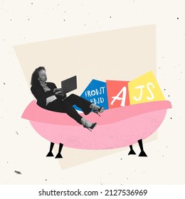 Creative design. Young woman, programmer working on frontend development lying on bath. Freelancer. Home office. Concept of business, IT, web programmer, profession, success, teleworking