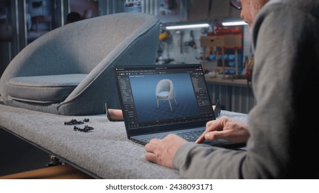 Creative designer creates digital 3D model of stylish wooden chair using laptop computer. Man works in professional ai software for furniture design creation and 3D modeling. Design innovation concept - Powered by Shutterstock