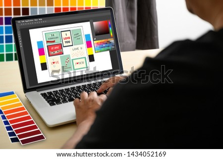 Creative Designer Graphic at work. , Illustrator Graphic designer working digital tablet and computer Color swatch samples