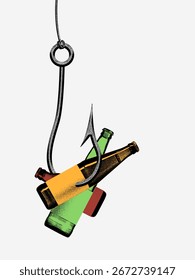Creative digital artwork. Bottles hooked on fishing lure illustration. Concept of alcohol addiction, toxic habits, emotional traps, risky behavior, and manipulative influence.
