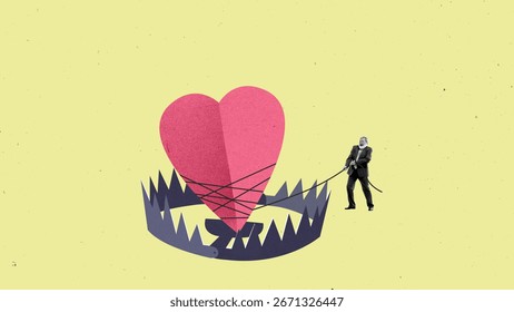 Creative digital artwork. Businessman pulling giant heart caught inside emotional trap. Concept of toxic love, coercive control, manipulation, and psychological abuse with tension emotion.
