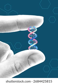 Creative digital artwork. Hands knitting colorful DNA strand with sticks in genetic science illustration. Concept of genome editing, biotechnology, laboratory education and innovative healthcare.
