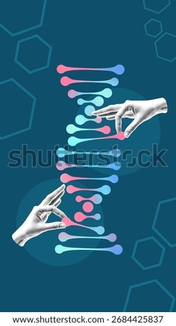 Creative digital artwork. Human hands interacting with stylized DNA helix structure. Concept of genetics, biotechnology, healthcare research, DNA editing and molecular science.