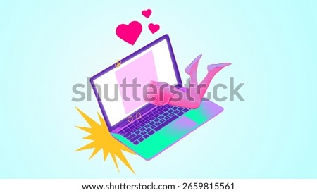 Creative digital artwork. Man diving into laptop with hearts above and legs in air. Concept of dating apps, virtual love, internet romance, social connection through digital interfaces.