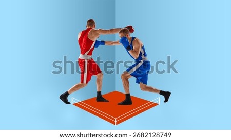 Creative digital artwork. Two boxers in red and blue gear fighting in surreal minimal boxing ring. Concept of sports competitions, fitness, branding campaigns, and modern athletic visuals.