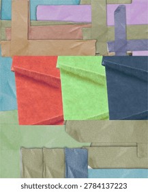 A creative digital collage background featuring colorful textured elements, torn paper layers, and realistic washi tape strips. This abstract mixed-media design in red, green, blue, and pastel tones is perfect for artistic scrapbooking, modern branding, social media posts, and creative web banners.