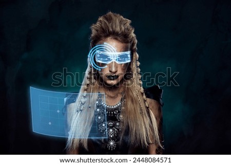 Creative digital collage of lady play metaverse reality choose viking character read holographic information