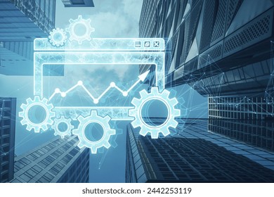 Creative digital computer folder with cogs, mesh and arrows on blurry city backdrop. Project Management icon, data management, folder, project goals, task management concept. Double exposure - Powered by Shutterstock