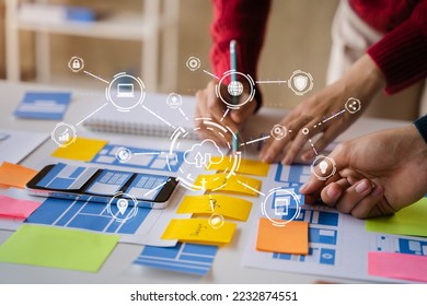 Creative digital development agency.  developer team brainstorming on their project with laptop, smartphone and digital tablet.