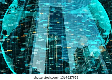 Creative digital globe with forex chart on blurry city background with skyscraper. Global trade and analysis concept. Double exposure