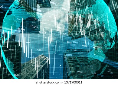 Creative digital globe with forex chart on blurry city background with skyscraper. Global trade and growth concept. Double exposure