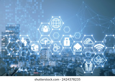 Creative digital hexagonal pattern with various business icons on blurry polygonal city backdrop . Digital dashboard and data concept. Double exposure