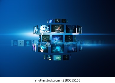 Creative digital picture gallery on blue background. Photo album and media technology concept - Shutterstock ID 2180355153