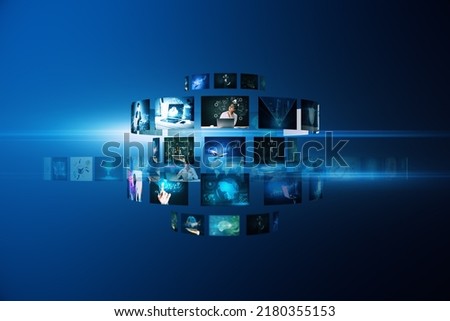 Creative digital picture gallery on blue background. Photo album and media technology concept