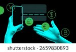 Creative digital template collage. Two hands with phone and floating currency symbols. Concept of digital finance apps, global transactions, mobile payment UX, fintech startup products.
