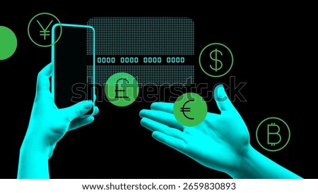 Creative digital template collage. Two hands with phone and floating currency symbols. Concept of digital finance apps, global transactions, mobile payment UX, fintech startup products.