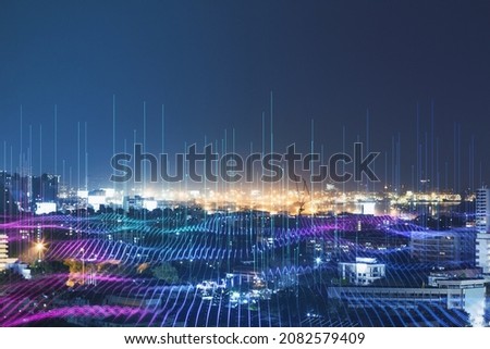Creative digital wave on blurry night city background. Technology and science concept. Double exposure