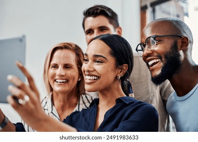 Creative, diversity and digital selfie of business people with tablet, solidarity and support at tech startup. Photography, portrait and team with confidence, development and smile at design agency. - Powered by Shutterstock