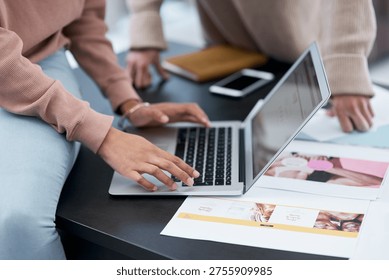 Creative, documents and hands with laptop, teamwork and schedule for design, discussion and meeting. Graphic designer, collaboration and people with tech for brand identity, online and assignment