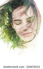 Creative Double Exposure Portrait Of Woman Combined With Photograph Of Nature