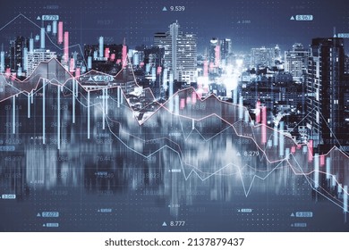 Creative Downward Forex Chart On Blurry Night City Background. Crisis And Collapse Concept. Double Exposure