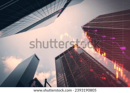 Creative downward red candlestick forex chart with grid and index on blurry city background. Crisis, falling stock market and recession concept. Double exposure