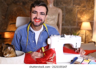 Creative Drag Queen Getting A Dress Ready With Sewing Machine