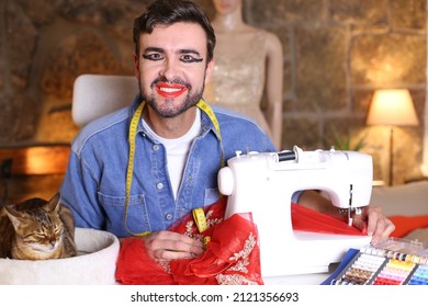 Creative Drag Queen Getting A Dress Ready With Sewing Machine