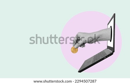 Creative drawing collage image of a hand holding a cryptocurrency, gold coins from a laptop. Internet earnings investing freelance trading