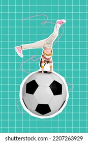 Creative Drawing Collage Picture Of Active Small Kid Handstand Have Fun Football Lesson School Day Physical Training Culture Playing Soccer