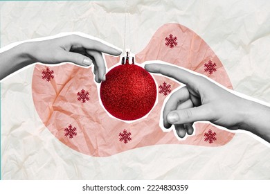 Creative drawing collage picture of arms touching new year christmas tree ball toy decoration adorn snowflakes drawing painting picture - Powered by Shutterstock